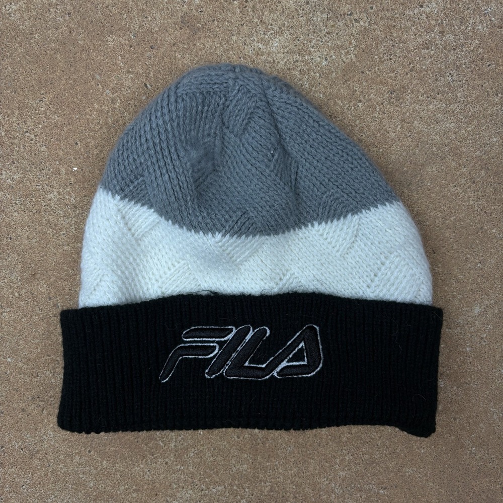 Fila Beanie Hat Grey White Black Colorblock Embroidered Outline Logo Cuffed Cap